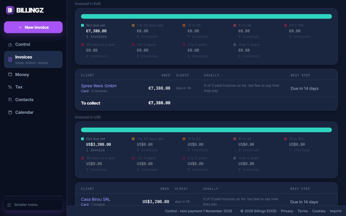 To collect with one block invoiced in euro and one invoiced in US dollars, each shown as itself