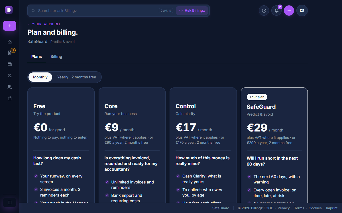 Plan and billing, with the four plans side by side