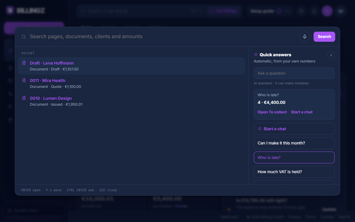The new search window with recent items and a Quick answers pane
